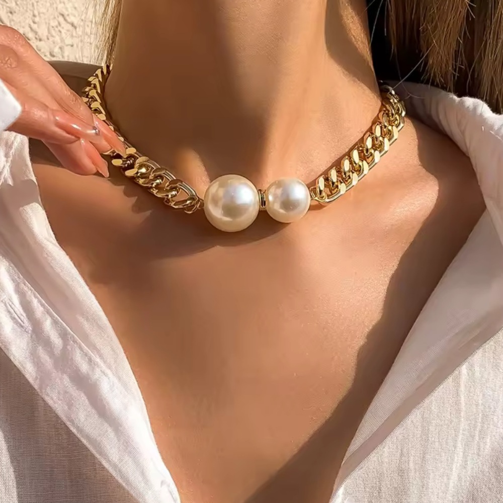 Anthro Ginevra Pearl Gold Chain Statement Necklace - Picture 7 of 11